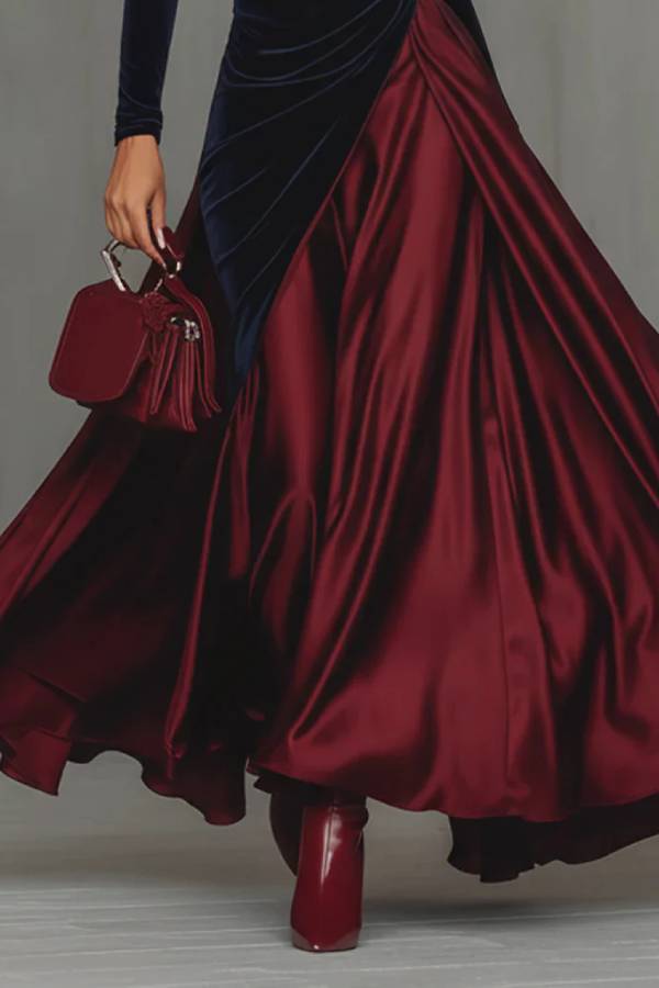 Blue Velvet And Burgundy Satin Color Block Long Dress