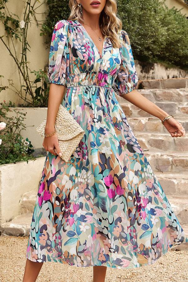 Elegant waist V-neck chiffon print dress