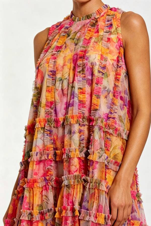 Lorei Mesh Floral Print High Neck Sleeveless Ruffle Trim A-line Mini Dress