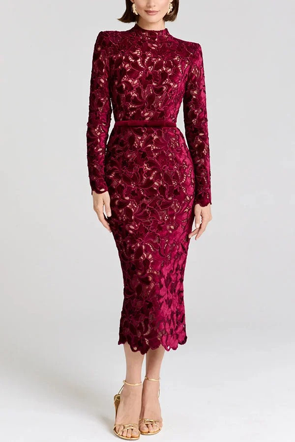 Diane Velvet Embroidered Floral Lace Long Sleeve Belt Scallop Edge Midi Dress