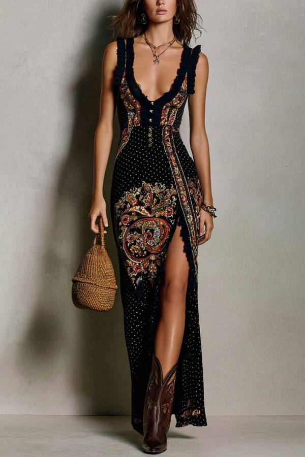 Bohemian-Style Printed Dress with Deep V-Neck and High Slit