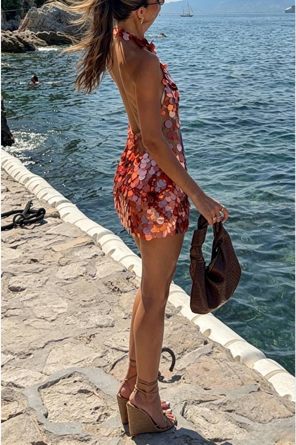 Dorothy Large Sequin Fish and Starfish Embroidery Detail Halter Mini Dress