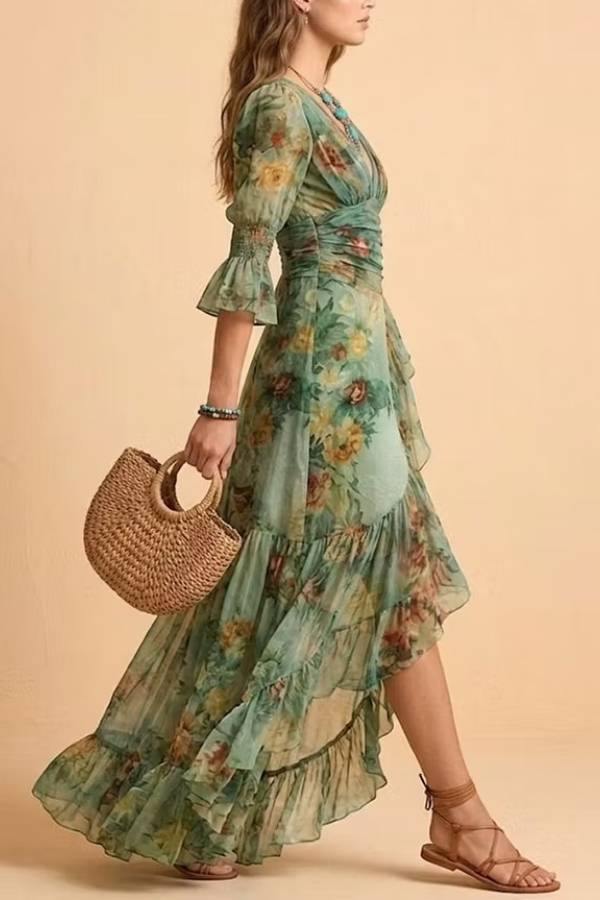 Women's Vintage Green Oil-Painting Floral Chiffon Maxi Dress