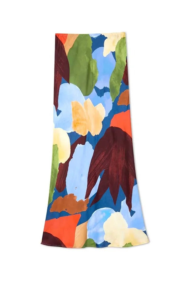 Bright and Bold Satin Abstract Color Blocks Print Elastic Waist Drape Maxi Skirt