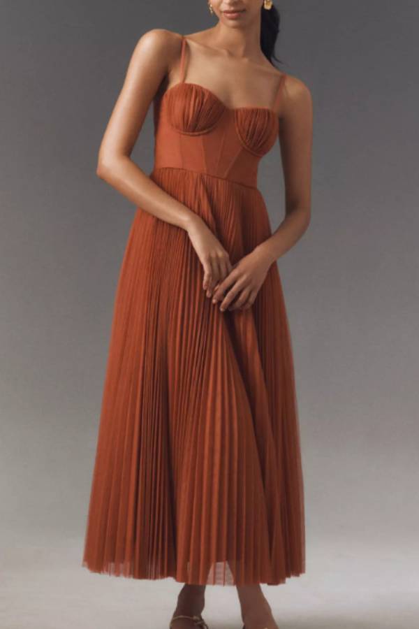 Spaghetti strap bra-style pleated long dress