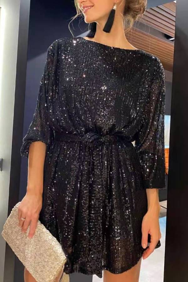 Sequined Tie-Waist Long-Sleeved Party Dress