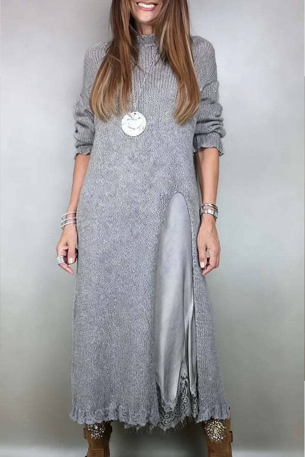 Retro knitted slit two-piece long skirt