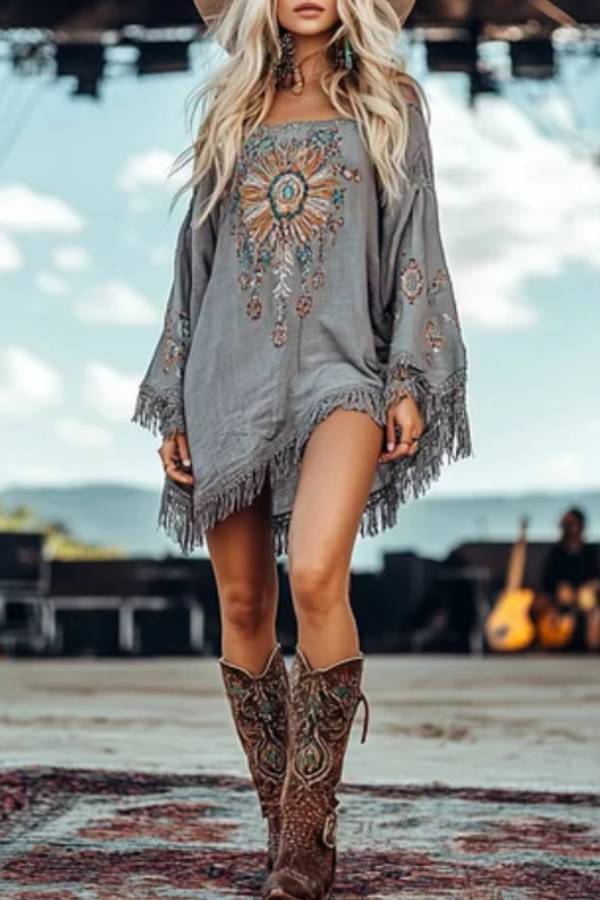 Bohemian Embroidered Tassel Off-Shoulder Dress
