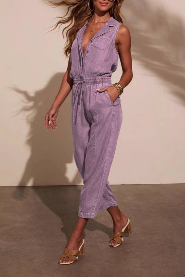 Sleeveless collared drawstring denim jumpsuit