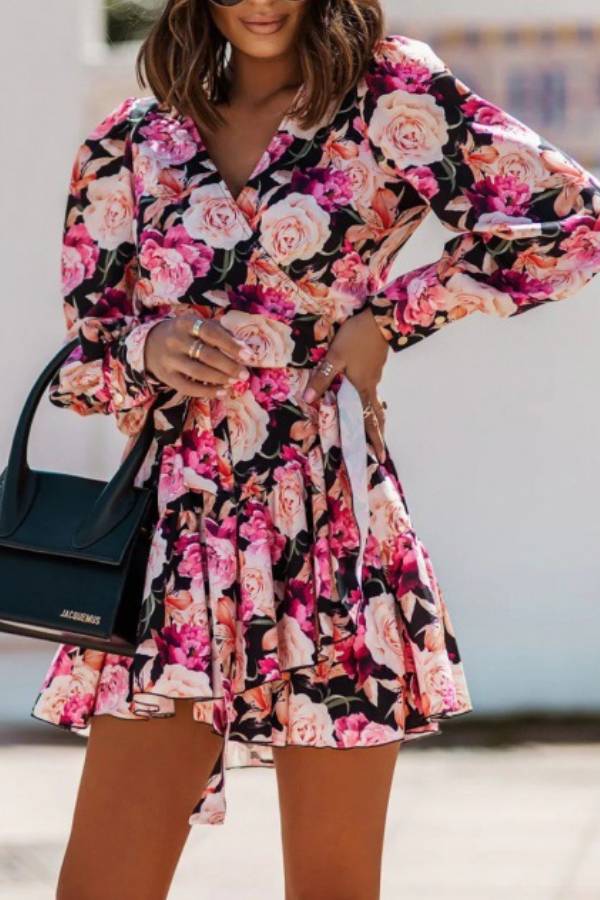 V-neck tie-up printed ruffle dress