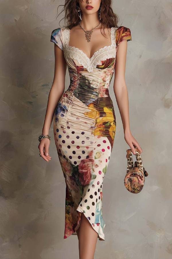 Vintage Oil Painting Polka Dot Lace Square Neck Ruched Bodycon Midi Dress