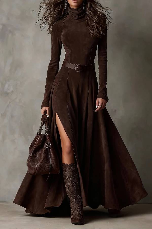 Dark Brown Faux Suede Turtleneck Long Sleeve Slit Maxi Dress
