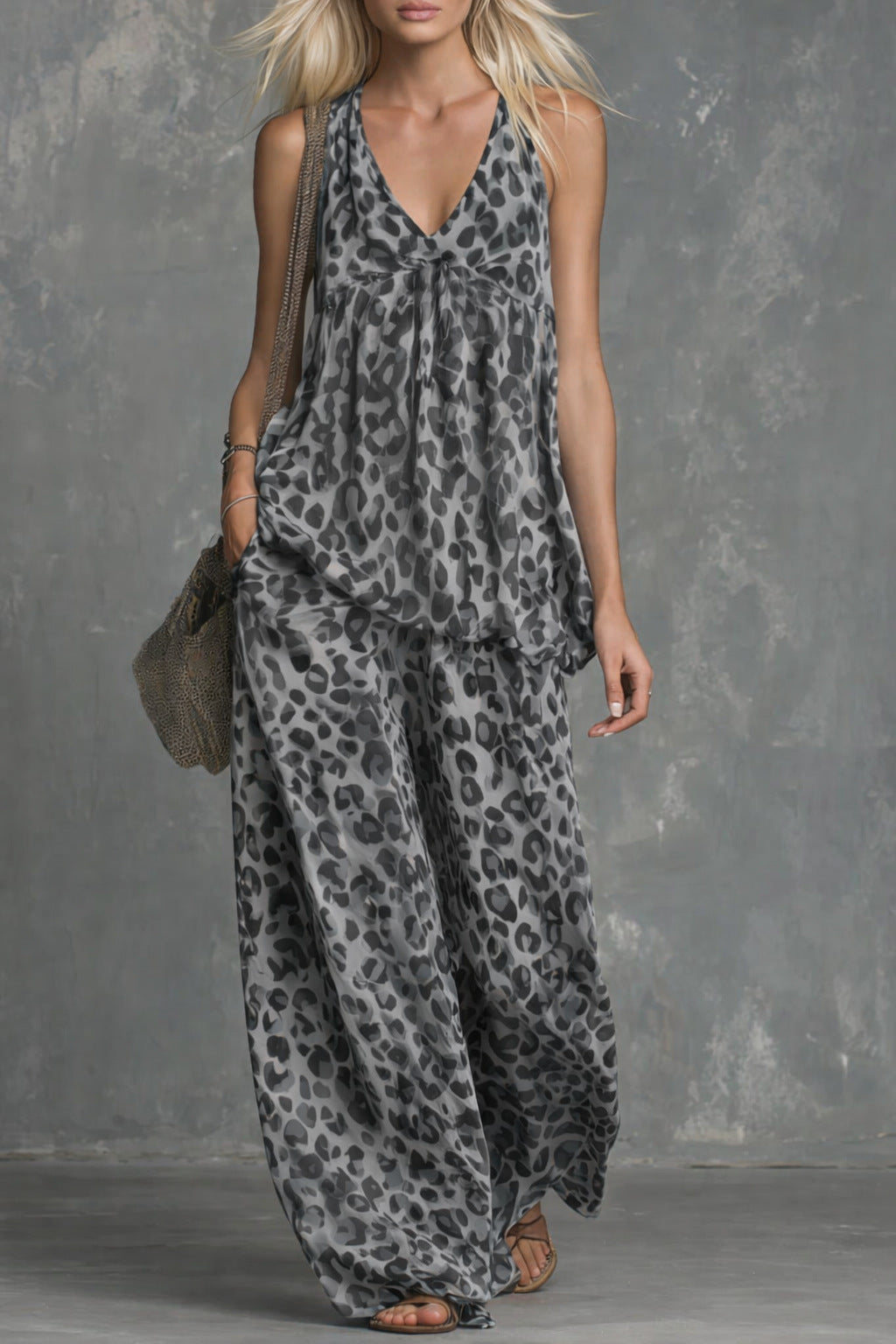 Leopard Print Halter Top & Wide Leg Pants Two-Piece Set