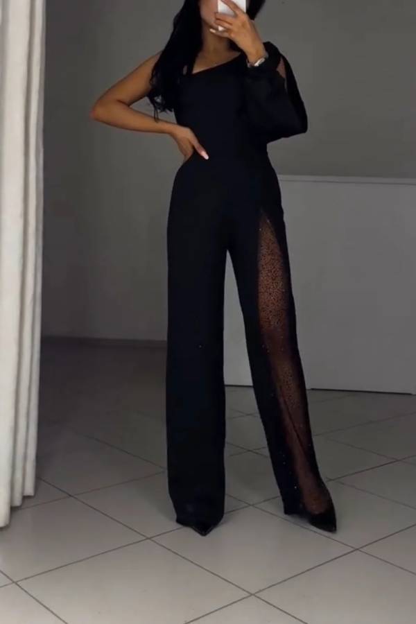One-shoulder mesh slit wide-leg jumpsuit