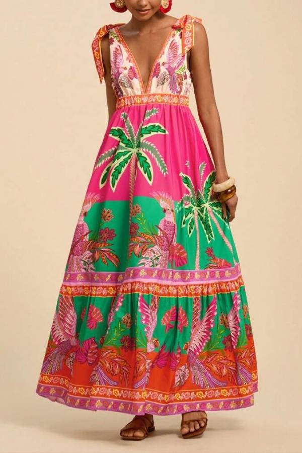 Bohemian Deep V Tie Print Long Swing Dress