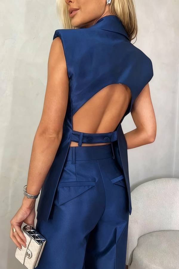 Luxurious Styling Satin Backless Straps Lapel Blazer Vest and Straight Pants Set