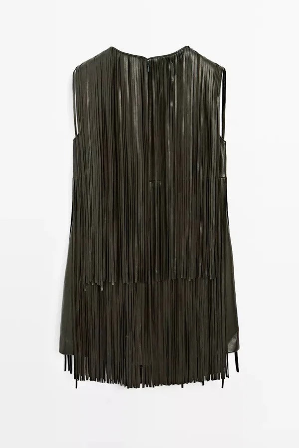 Modern Times Faux Leather Layered Tassel Design Sleeveless H-line Mini Dress