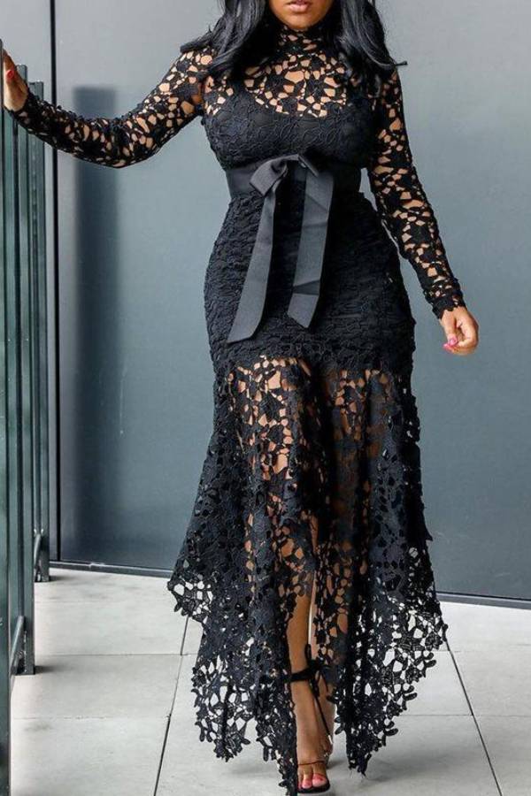 High-neck lace bow tie irregular long skirt