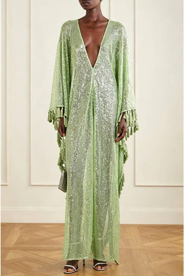 Gianna Sequin Deep V-neck Batwing Sleeve Fringed Trim Slit Gown Maxi Dress