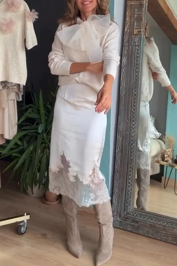 Orozco Knit Organza Bow Button-down Long Sleeve Loose Cardigan