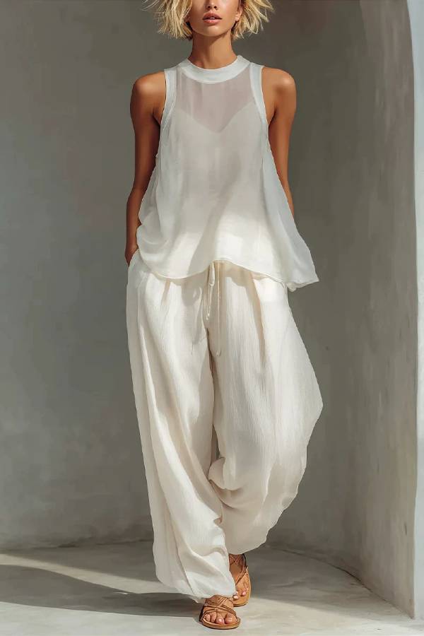 Crew Neck Sleeveless A-Line Top + Elastic Waist Wide-Leg Pants Set