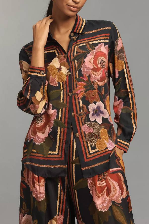 Farm Rio Chenille Flowers Long-Sleeve Buttondown Blouse