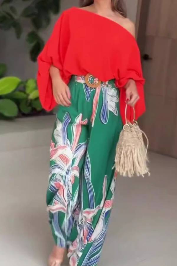 Off-the-shoulder batwing sleeve wide-leg pants suit