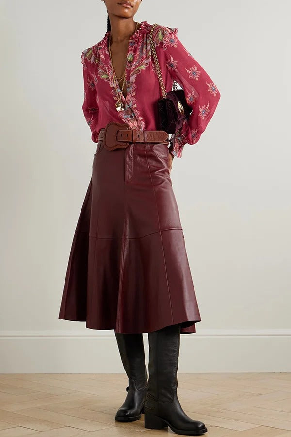 Unique Printed Chiffon Long-sleeved Loose Shirt and Elegant Ruffled Maxi Skirt Set