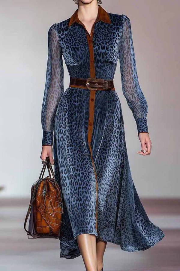Vintage Blue Leopard Print Shirt Collar See-Through Long Sleeve Dress(No belt included)