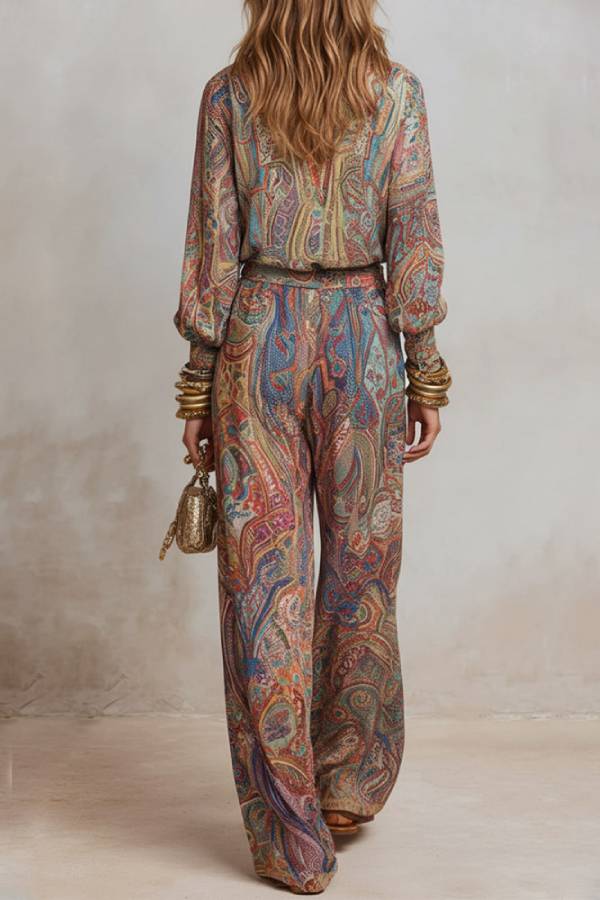 Vintage Paisley Print Puff Sleeve Shirt & Wide Leg Pants Set