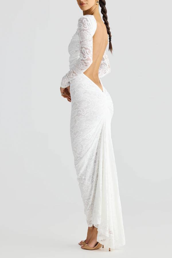 Lace pleated open back slim long dress