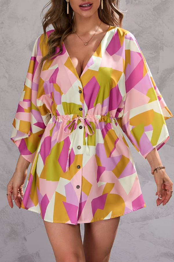 Resort-style printed batwing sleeve tie-up jumpsuit