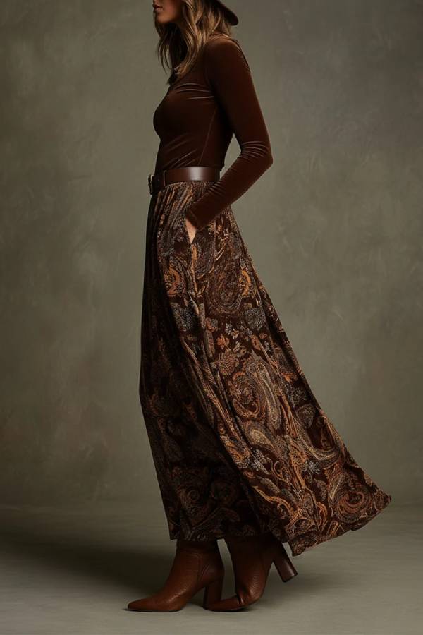 Vintage stretch fluwelen top en paisley print maxi rok set