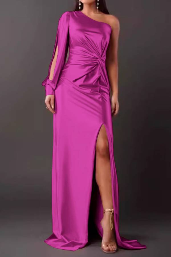 One-shoulder satin twisted high-slit maxi dress