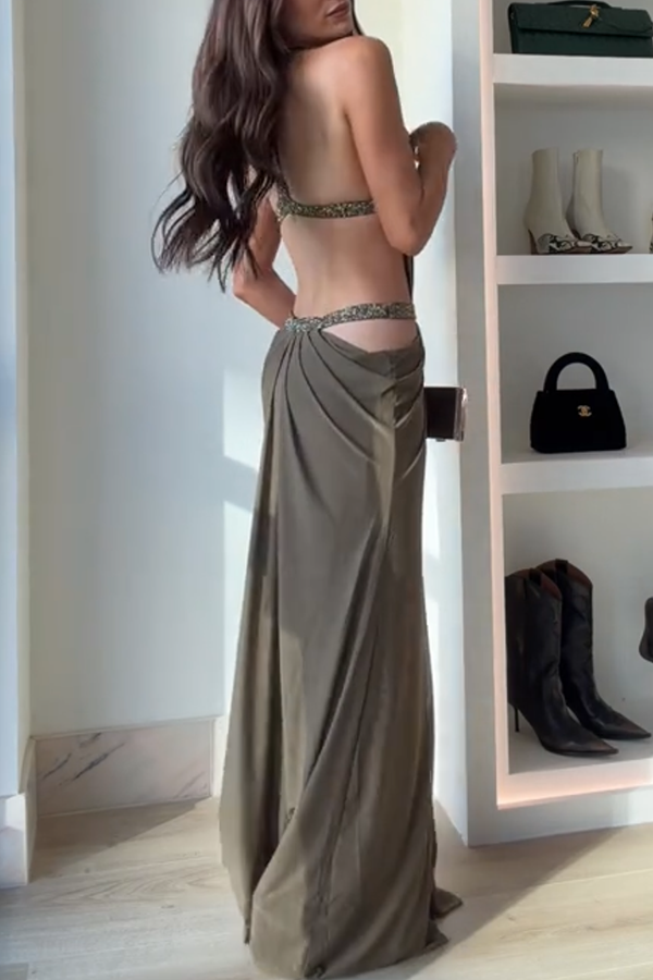 Khaki Hot-fix Rhinestone Shoulder Strap Cutout Design Backless Drape Maxi Dress