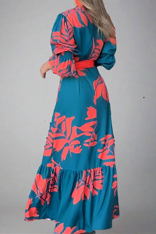 Floral print V-neck lantern sleeve fitted waist long dress