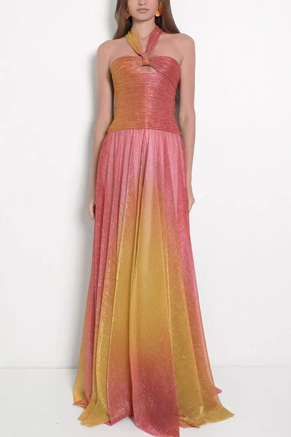 Vireya Metallic Fabric Gradient Print Ruched Cutout Halter Maxi Dress