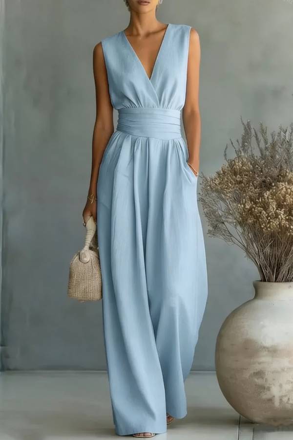 Sleeveless Wrap V-neck Ruched Waist Wide Leg Jumpsuit