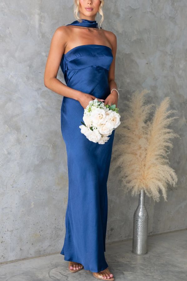 Satin Elegant Off-the-shoulder Backless Maxi Dress