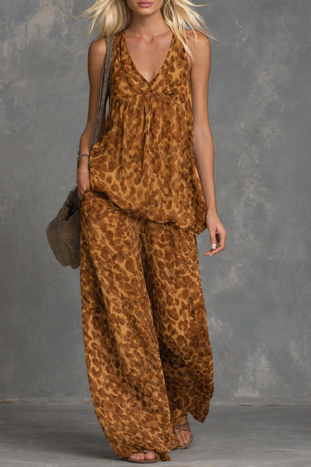 Leopard Print Halter Top & Wide Leg Pants Two-Piece Set