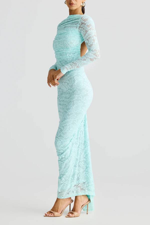 Lace pleated open back slim long dress