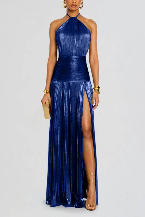 Shiny halter neck high slit long dress