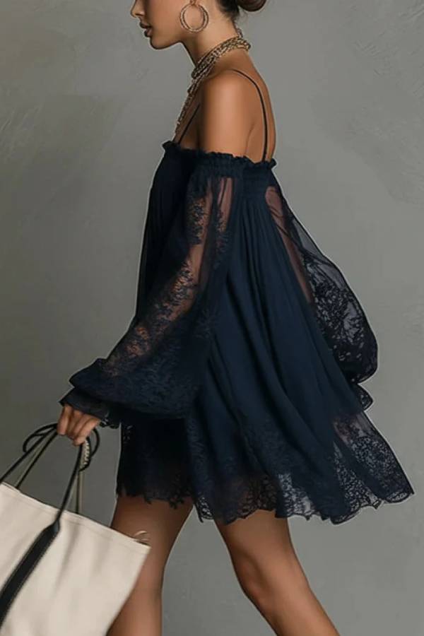 Spaghetti Strap Off-Shoulder Lace Lantern Sleeve Mini Dress