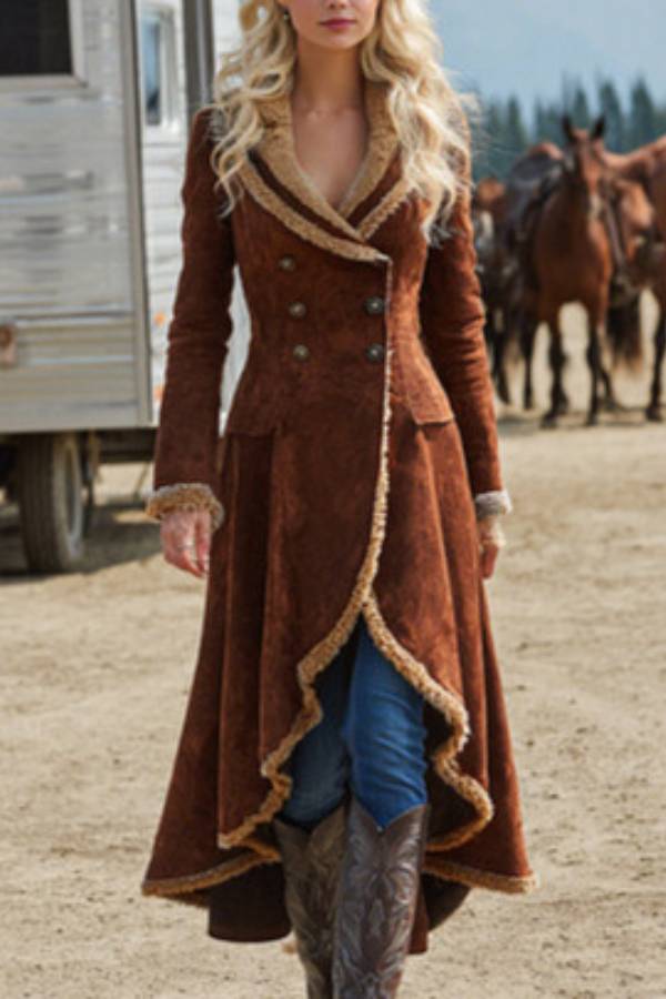 Suede coat with irregular hem and fur trim