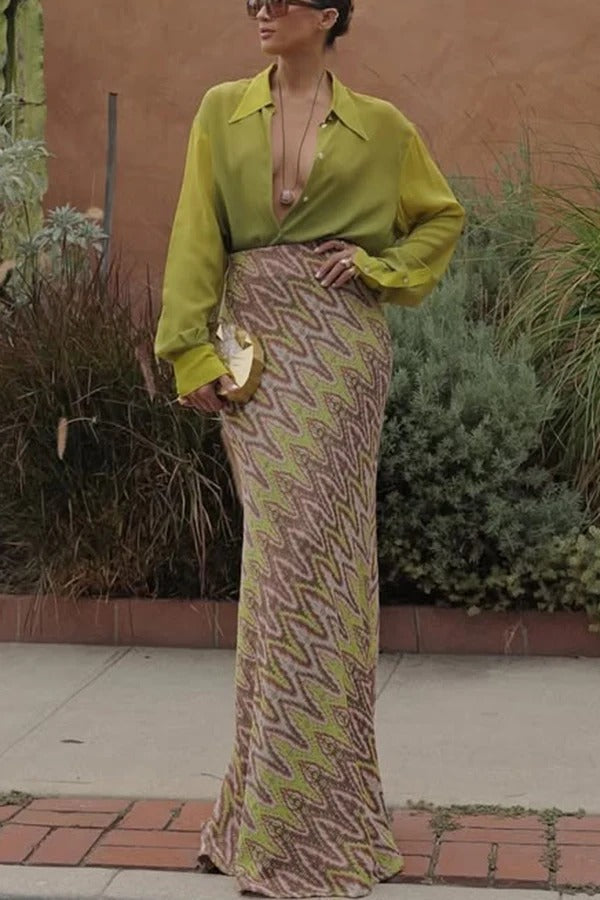 Moonlit Waltz Knit Jacquard Zigzag Print High Rise Stretch Flare Maxi Skirt