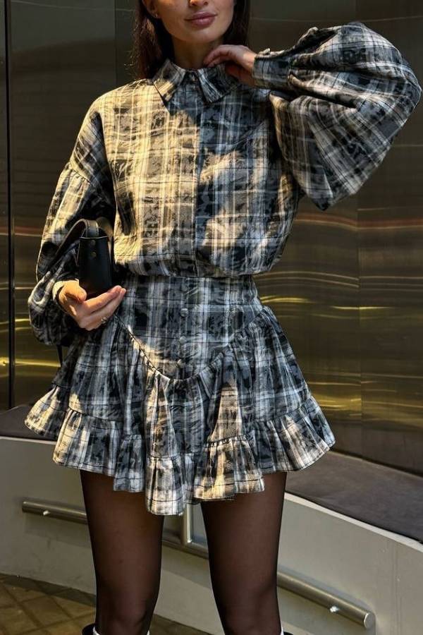 Retro puff sleeve shirt + ruffled high-waisted mini skirt set
