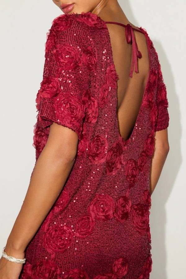 Feeling Exquisite Sequin-embellished Rose Texture Short Sleeve H-line Mini Dress