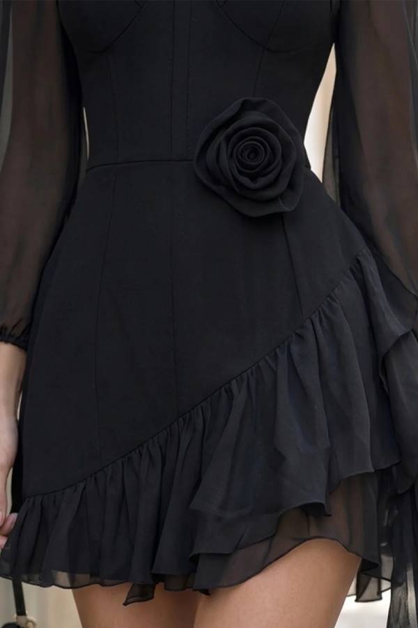 Elegant black sheer-sleeve mini dress with 3D roses and ruffles
