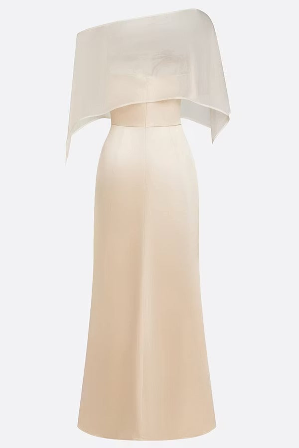 Lucero 3D Floral Satin Boat Neck Short Sleeve Sheath Capelet Gown Maxi Dress