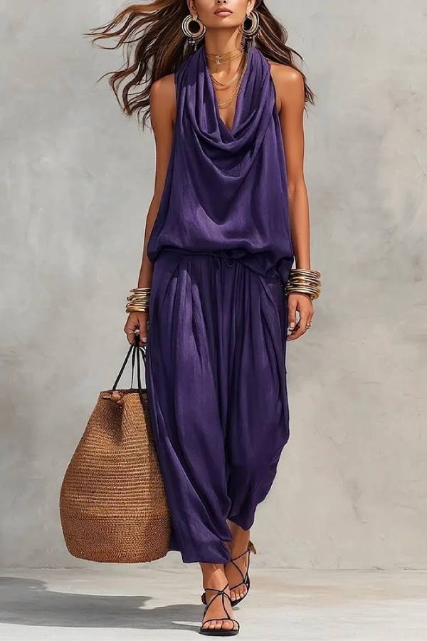Cowl Neck Halter Sleeveless Draped Wide-Leg Two-piece Pants Set
